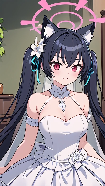 serika_bluearchive,cat ears,looking at viewer, little smile, wedding dress, wedding ceremony, slim, dizzy, big-chest, wide hips, perfect waist, day atmosphere, hair ornament, standing, upper body,