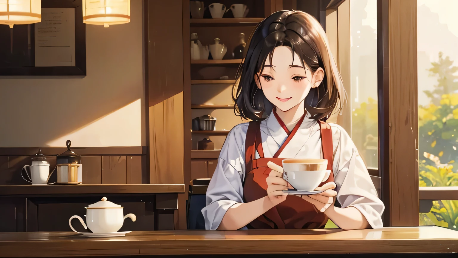 "Create an illustration of Ayako, the heart and soul of 'Café Haven,' a charming spot nestled amidst the tranquil embrace of nature. Ayako, the epitome of hospitality, stands at the counter with a serene smile, her hands skillfully preparing a cup of coffee. Let the image reflect Ayako's genuine joy in connecting with customers, her attentive demeanor conveying a sense of comfort and belonging within the cozy confines of the café."