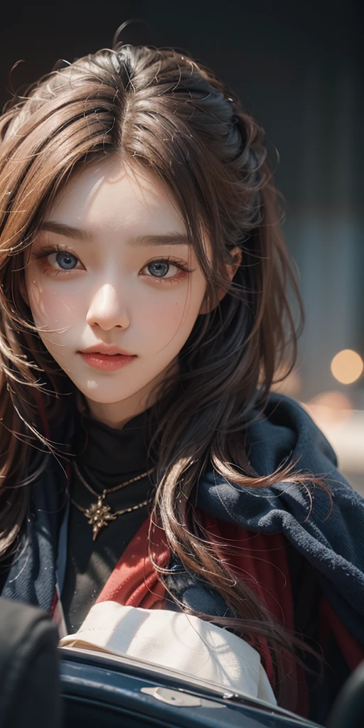 (masterpiece: 1.2, portrait, best quality), realistic, (real picture, complex details, depth of field), best quality, masterpiece, high detail, semi-realistic, 1 girl, shy, 21 years old, short blonde hair, left hairy eyes, Blue eyes, royal clothes, red cape, slim figure
