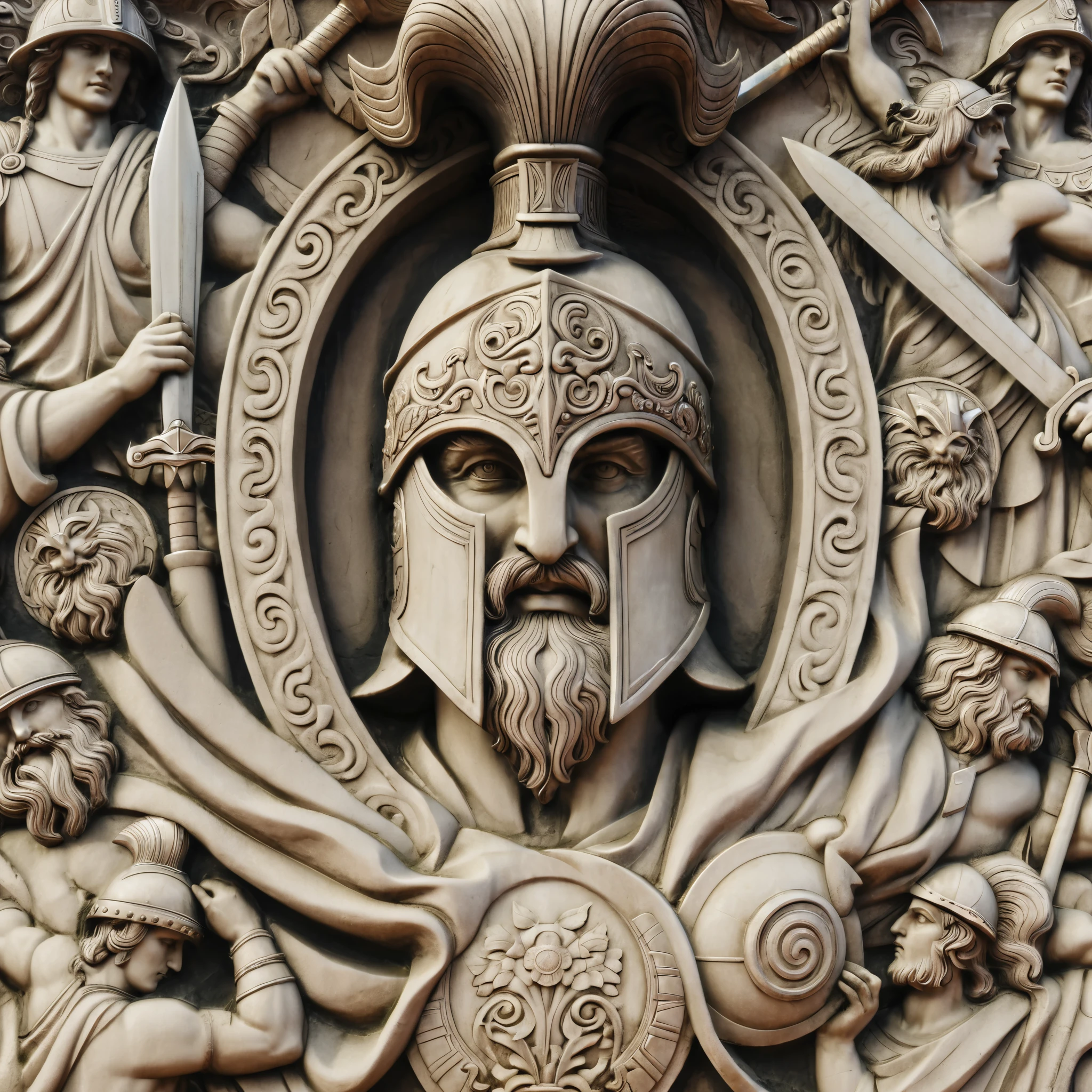 a close up of a sculpture of a man with a helmet and a sword, а fantasy proto-slavic mythology, stone relief, highly detailed sculpture, slavic mythology, bas relief, royal relief, relief sculpture, low - relief stone sculpture, architecture carved for a titan, goddess. extremely high detail, detailed and intricate image, bas - relief