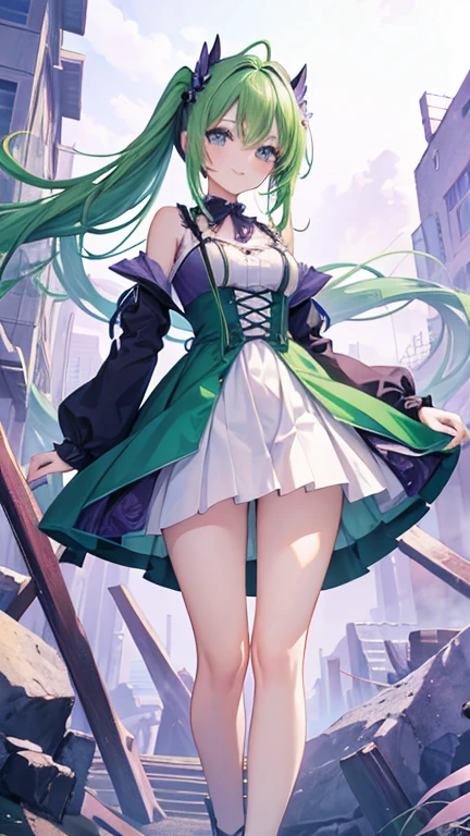 Anime Style,highest quality, masterpiece,Green and purple hair, iris,Simple Background,One Girl, fluid movement,classical