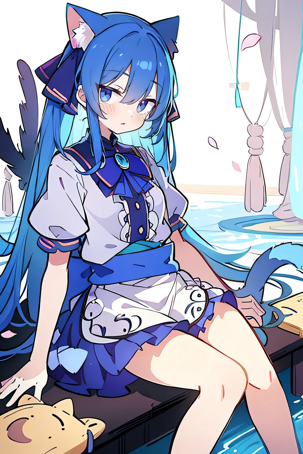 (masterpiece:1.2),ultra-detailed,realistic,expressive eyes,fair-skinned,perfectly shaped face,1girl,
Japanese cartoons,Gorgeous blue hair, flowing blue hair,floating clothes,cat ears,petals falling,beautiful Lola,Hina Angel,
hands on waist,gracefully sitting on the ground,legs crossed,gentle and serene background,cool and comfortable pavilion,shy face ,night .