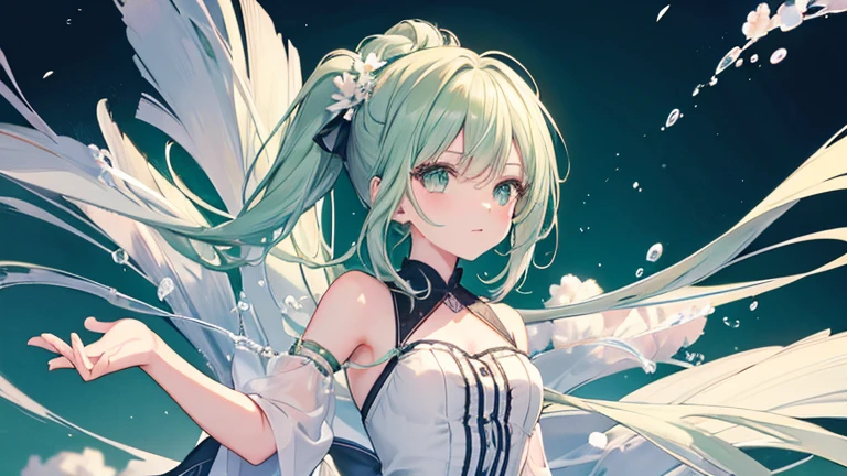 Anime Style,highest quality, masterpiece,Green and white hair, iris,Simple Background,One Girl, fluid movement,classical