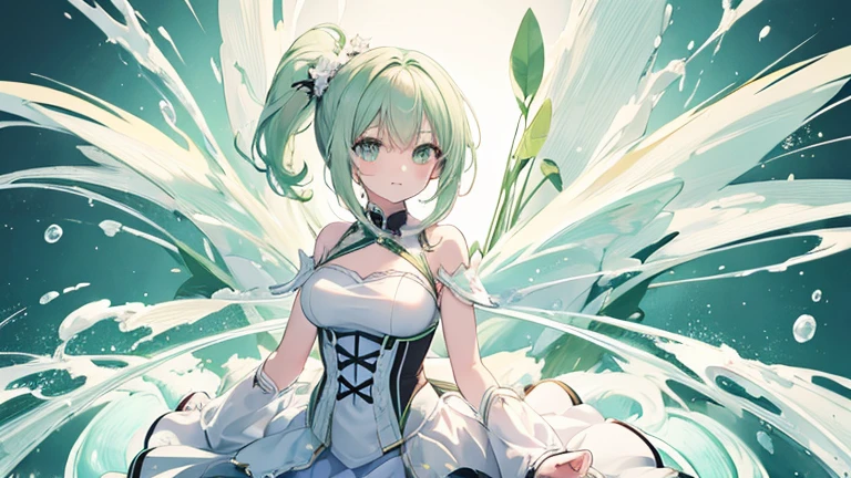 Anime Style,highest quality, masterpiece,Green and white hair,  iris,Simple Background,One Girl, fluid movement,classical