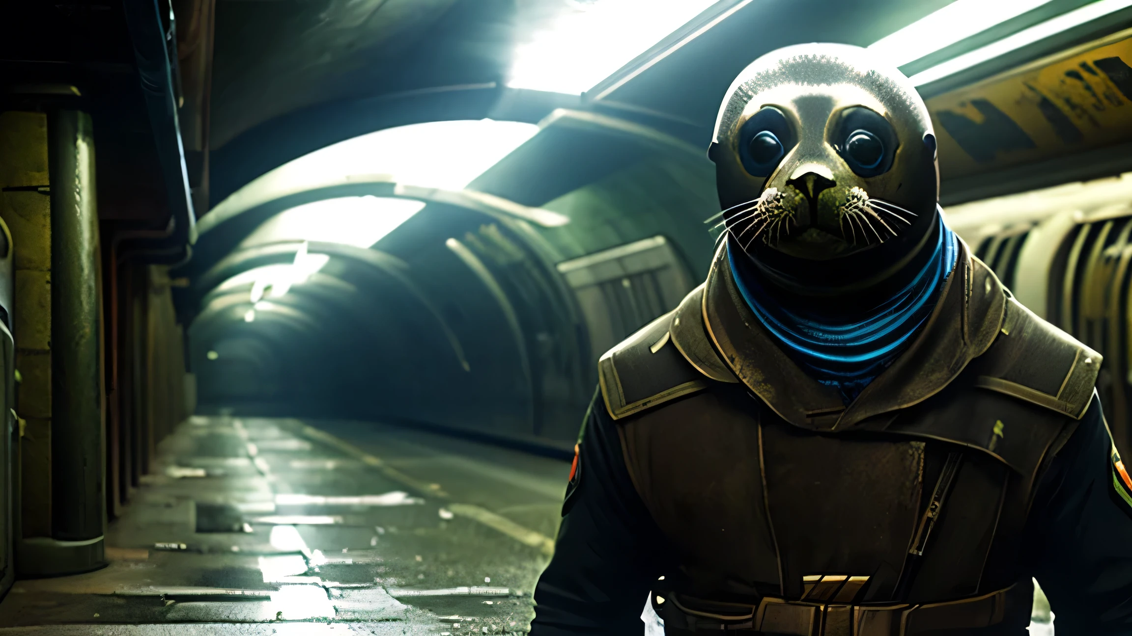humanoide foca , non-human person who has mutated so that his face has turned into that of a seal and is working as a soldier in an abandoned subway , estilo realista