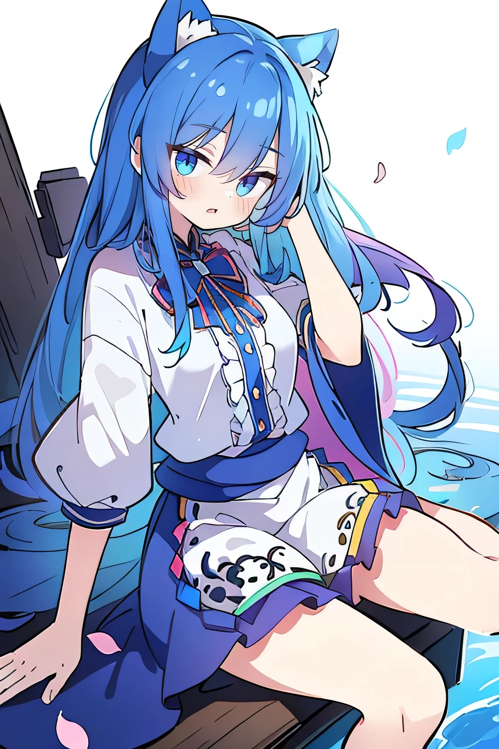 (masterpiece:1.2),ultra-detailed,realistic,expressive eyes,fair-skinned,perfectly shaped face,1girl,
Japanese cartoons,Gorgeous blue hair, flowing blue hair,floating clothes,cat ears,petals falling,beautiful Lola,Hina Angel,
hands on waist,gracefully sitting on the ground,legs crossed,gentle and serene background,cool and comfortable pavilion,shy face ,night .