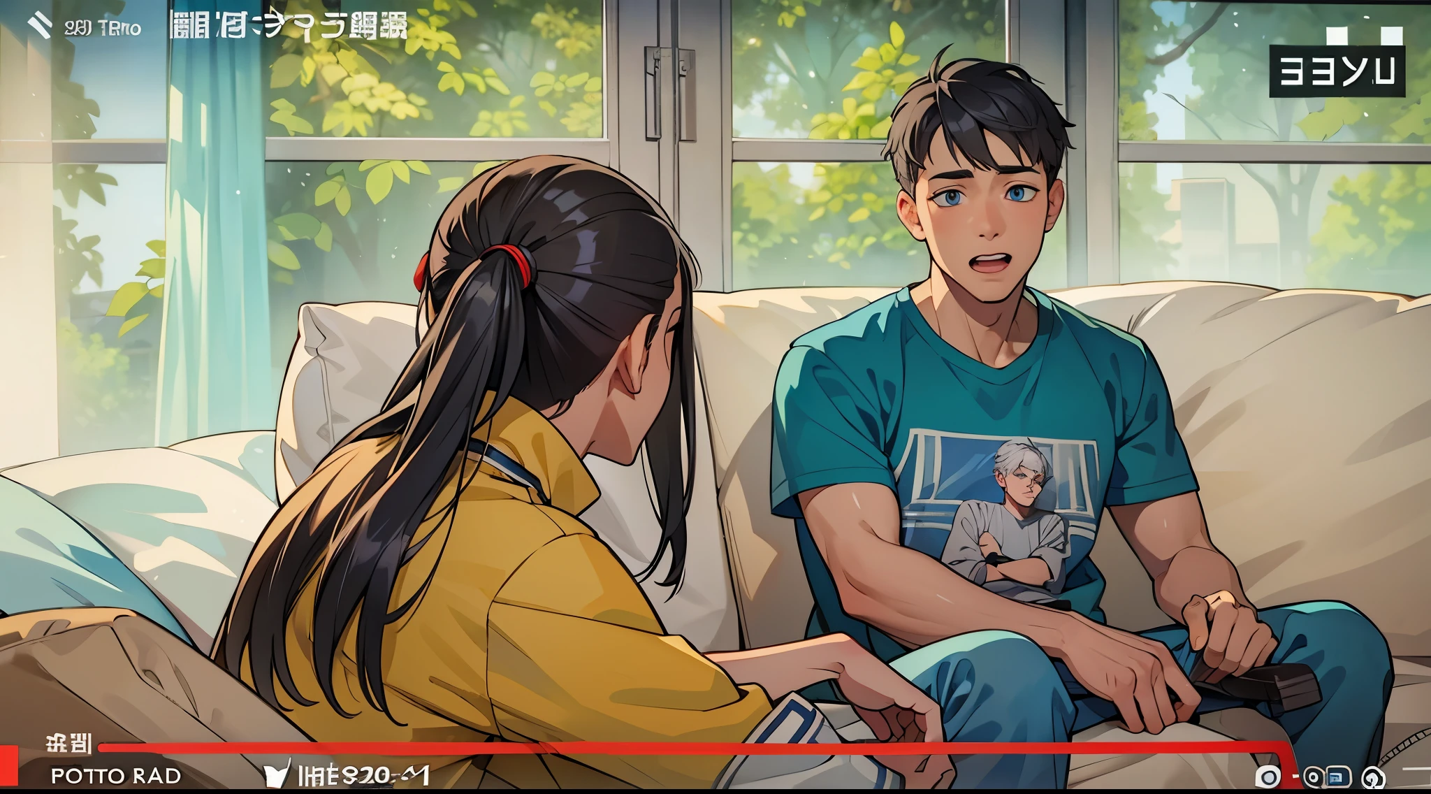 There is a woman with gray hair, her back is turned, and a 16-year-old boy with gray hair, blue eyes, is talking, he is sad.
