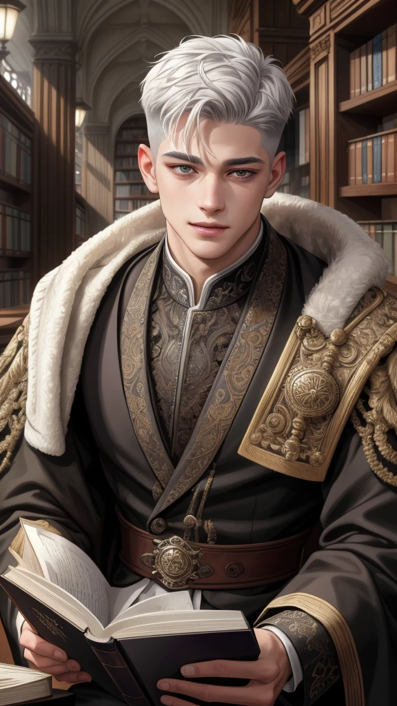 (Absurdres, Intricate Details, Masterpiece, Best Quality, High Resolution, 8k), 1 male, masculine, young, aged up, dreadful, finely detailed eyes and face, gray white short back and sides hair, black eyes, portrait, candid, solo, (full body:0.6), detailed background, (RootsBranchesAI theme:1.1) glowing eyes, gentle smile, reading book, library background, reading old book.