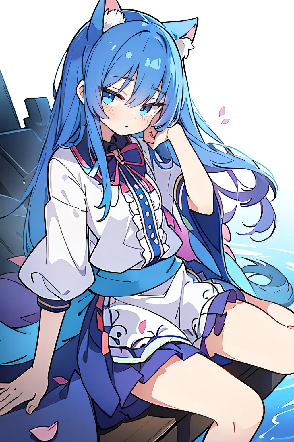 (masterpiece:1.2),ultra-detailed,realistic,expressive eyes,fair-skinned,perfectly shaped face,1girl,
Japanese cartoons,Gorgeous blue hair, flowing blue hair,floating clothes,cat ears,petals falling,beautiful Lola,Hina Angel,
hands on waist,gracefully sitting on the ground,legs crossed,gentle and serene background,cool and comfortable pavilion,shy face ,night .