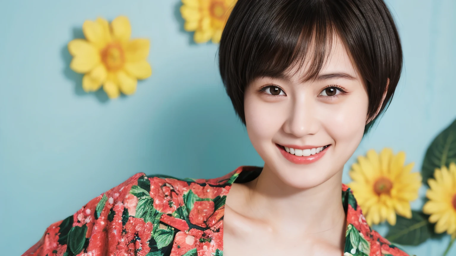 215 Short Hair, 20-year-old woman, A kind smile, Floral