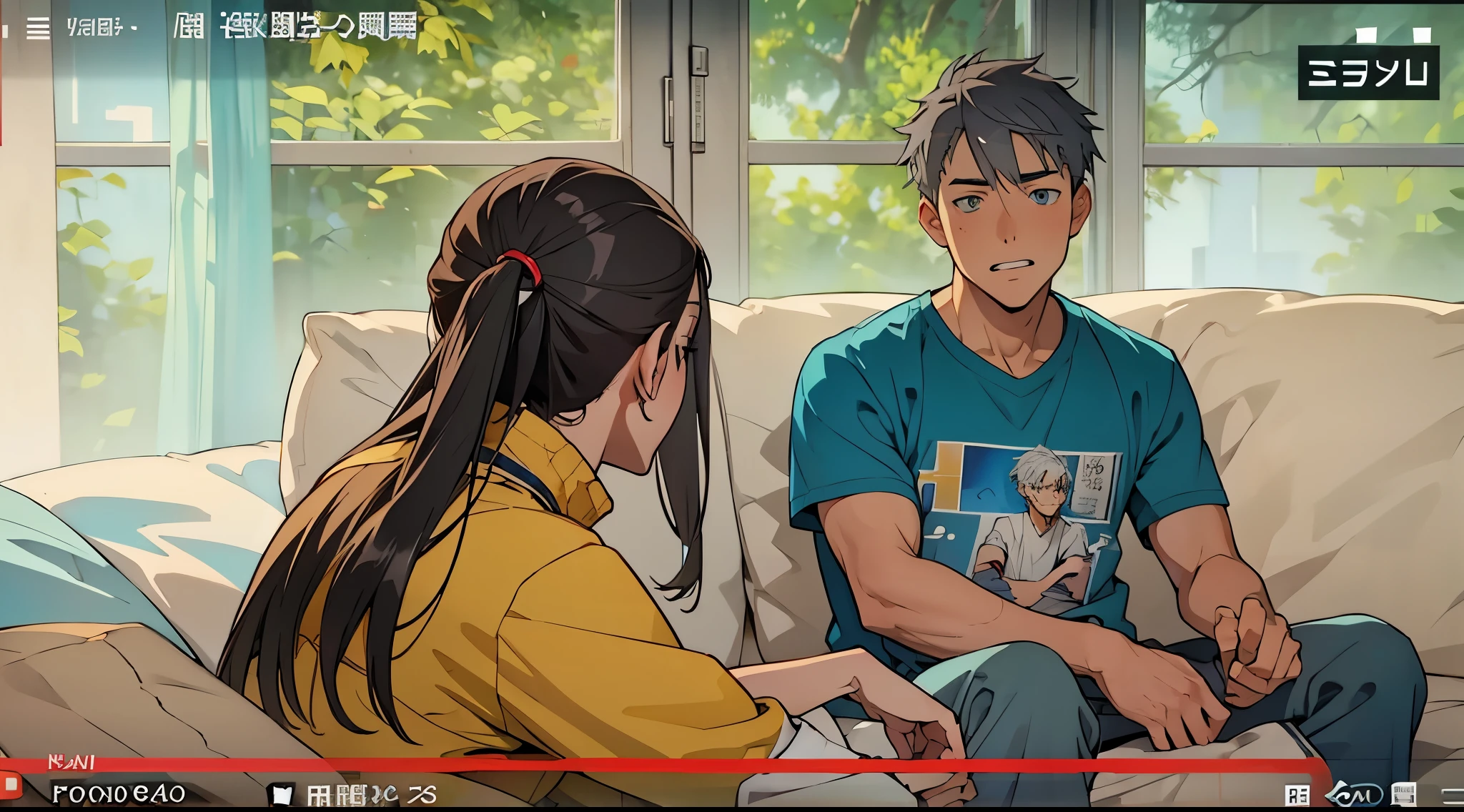 estilo anime 2d, There is a woman with gray hair, her back is turned, and a -yeld boith gray hair, blue eyes, is talking, he is sad.