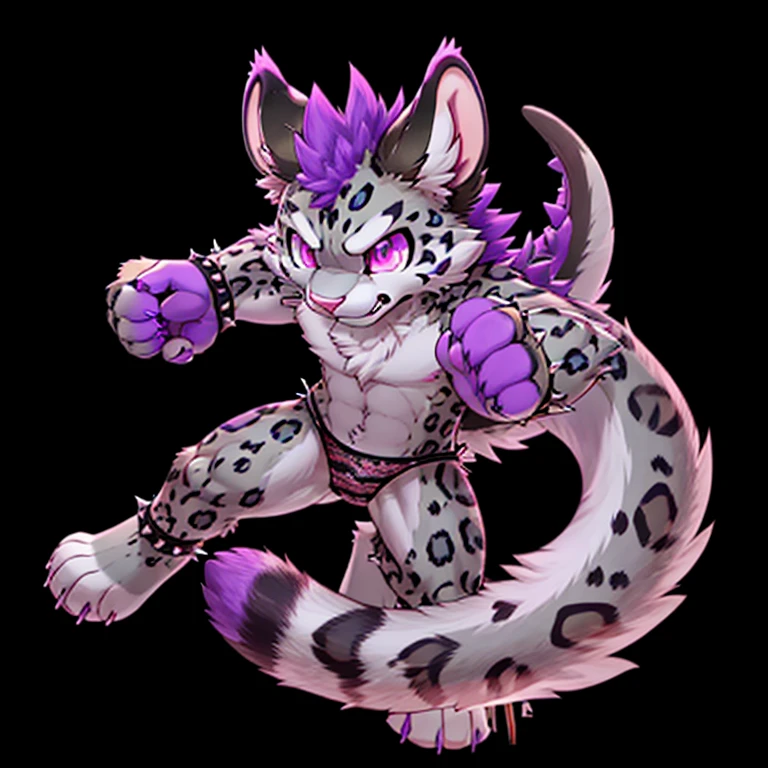 Anthropomorphic male snow leopard, with purple eyes, pink nose, 4 black ears, purple spikes on back, purple horns, with a red third eye, wearing panties, full body view, in a fighting pose, ready to fight, with an angry, black background, digital art, solo, different views, with spiked tail