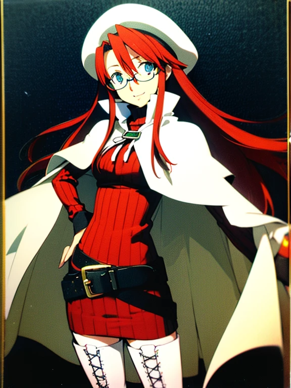 masterpiece、highest quality、High resolution、Very detailed、Medium wide shot、Cowboy Shot、Mature Woman、(aty, long hair, blue eyes, red hair、Hair between the eyes)、Smiling、thighhighs, hat, dress, boots, glasses, belt, cape, sweater, zettai ryouiki, beret, thigh boots, white footwear, ribbed sweater, loose belt,