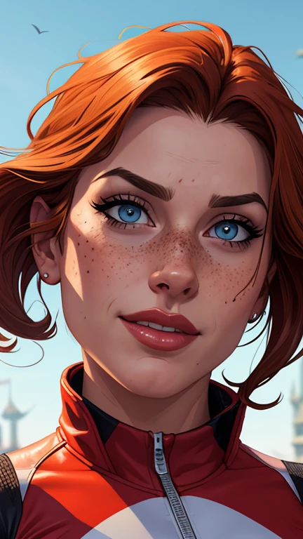 Beautiful GTA style portrait mode pose Cartoon character in dynamic pose two women in biker outfits together with freckles on their faces Disney princess Queen Anna of Arendelle with 1,60cm on the left and along with a symmetrical body and beautiful breasts, corpo bem definido, delicado e sensual, estilo de desenho animado, GTa style digital illustration Portrait mode biker clothes 