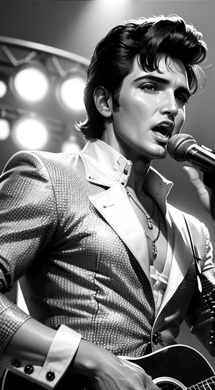 Crie uma imagem close UP corpo inteiro de Elvis Presley, singing for fans best quality High quality