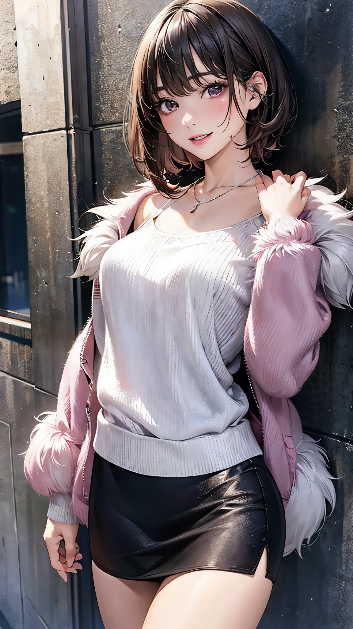 (masterpiece:1.3, top-quality, ultra high res, ultra detailed), (realistic, photorealistic:1.4), beautiful illustration, perfect lighting, natural lighting, colorful, depth of fields,
beautiful detailed hair, beautiful detailed face, beautiful detailed eyes, beautiful clavicle, beautiful body, beautiful chest, beautiful thigh, beautiful legs, beautiful fingers,
looking at viewer, 1 girl, japanese, high school girl, perfect face, (perfect anatomy, anatomically correct), cute and symmetrical face, face, , shiny skin,
(short hair:1.5, pixie cut:1.4, brown hair), swept bangs, cliped bangs, dark purple eyes, long eye lasher, (medium breasts), slender,
(((long sleeve pink fur jacket, round-neck black sweater, silver tight skirt)), necklace, ,
(beautiful scenery), evening, (downtown), standing, hands on chest, (seductive smile, open mouth),