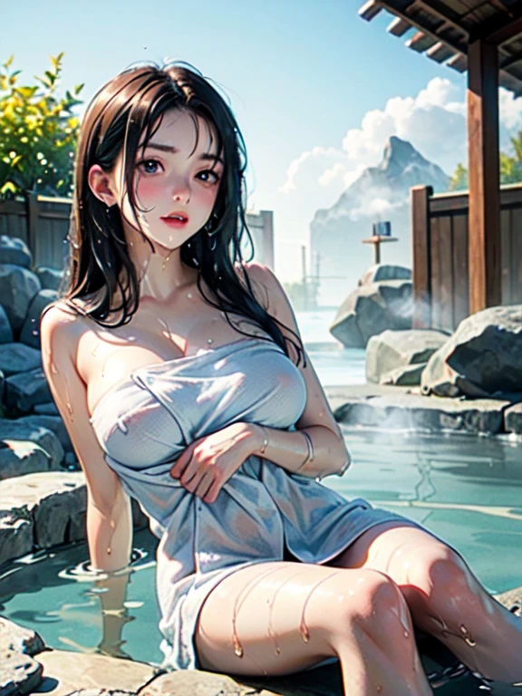 (15-year-old student),((Outdoor hot spring)),upper body,((Wet whole body)),((undressing)),((Nipples)),(sitting on a rock)),(naked towel),((steam)),((fog))