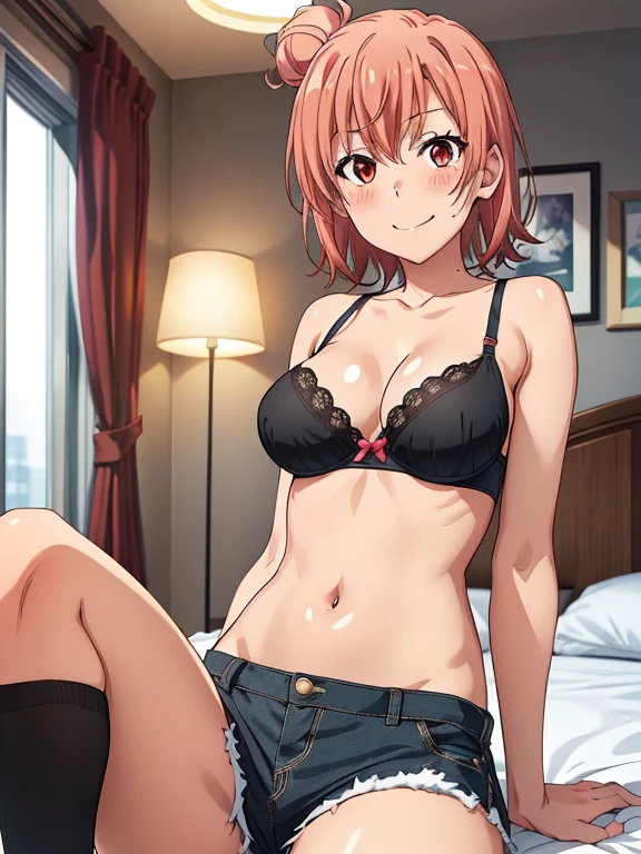 ((masutepiece, Best Quality, hight resolution, nffsw, Perfect Pixel, depth of fields, 4K, )), 1girl in, Solo, , Beautiful anime girl, Beautiful Art Style,
sitting on bed:1.3, spread legs:1.3, hotel room background, Looking at viewer,
Perfect body, smile,
Yuigahama Yui, Hair bun, short hair, large breasts,
Full face blush, short pants:1.2, knee socks:1.4, black bra:1.2, red converse:1.2, show nipples:1.3, underboob:1.3, red face,
straight-on:1.3, medium shot