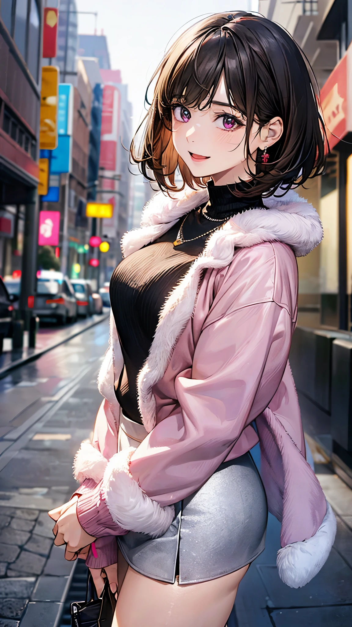 (masterpiece:1.3, top-quality, ultra high res, ultra detailed), (realistic, photorealistic:1.4), beautiful illustration, perfect lighting, natural lighting, colorful, depth of fields,
beautiful detailed hair, beautiful detailed face, beautiful detailed eyes, beautiful clavicle, beautiful body, beautiful chest, beautiful thigh, beautiful legs, beautiful fingers,
looking at viewer, 1 girl, japanese, high school girl, perfect face, (perfect anatomy, anatomically correct), cute and symmetrical face, babyface, , shiny skin,
(short hair:1.5, pixie cut:1.4, brown hair), swept bangs, cliped bangs, dark purple eyes, long eye lasher, (medium breasts), slender,
(((long sleeve pink fur jacket, round-neck black sweater, silver tight skirt)), necklace, ,
(beautiful scenery), evening, (downtown), standing, hands on chest, (seductive smile, open mouth),
