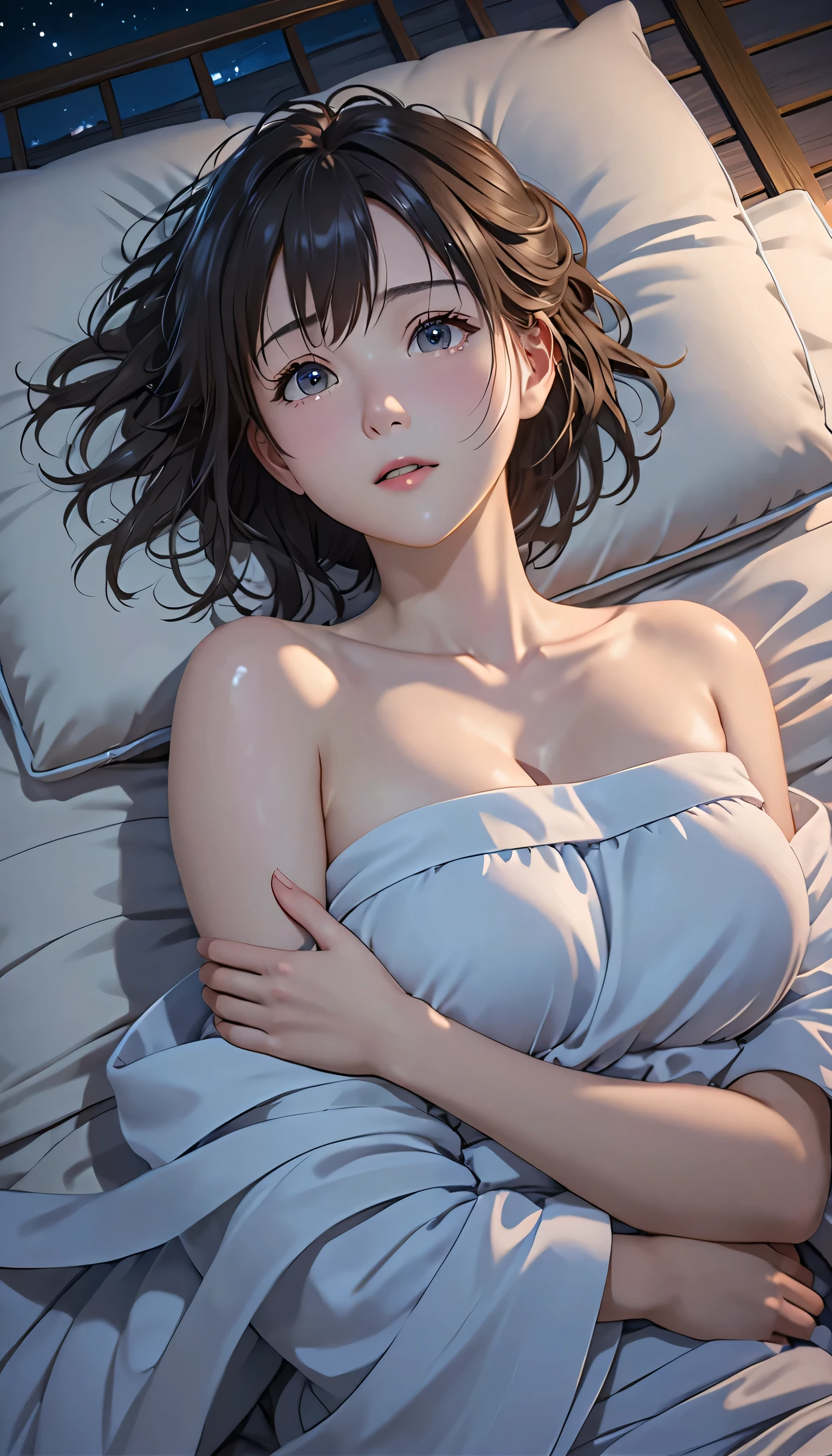 masterpiece, High resolution, figure, Kyoto Animation Style, Your Name Movie Style, night, mid-night, Light, (1girl:1.3), (alone:1.4), Long eyelashes, messy hair, medium hair, futon, Lying down, (not covering chest by hand), (((in heat, aroused, wishful))), ideal ratio body proportions, sagging breasts, from above, looking up at viewer, {{{{vulgarity}}}}.(all nude:1.5)