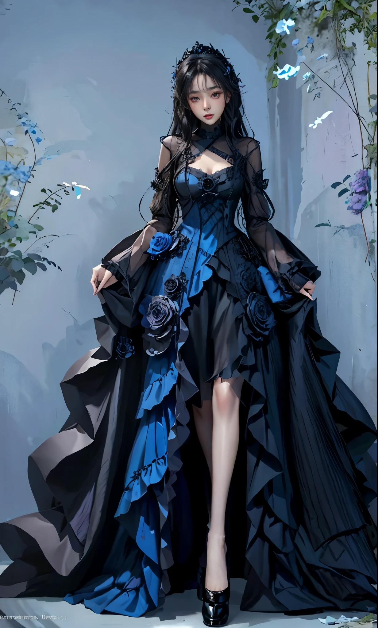 woman in black dress, Cute girl in a beautiful dress, Beautiful full body concept art, Beautiful and charming woman, Woman full body art, guweiz, beautiful woman, Digital art on pixiv, Full body illustration, Kushat Krenz Key Art Women, full body xianxia, Delicate face Gorgeous face Delicate face, Blue Rose Theme , Blue rose petals