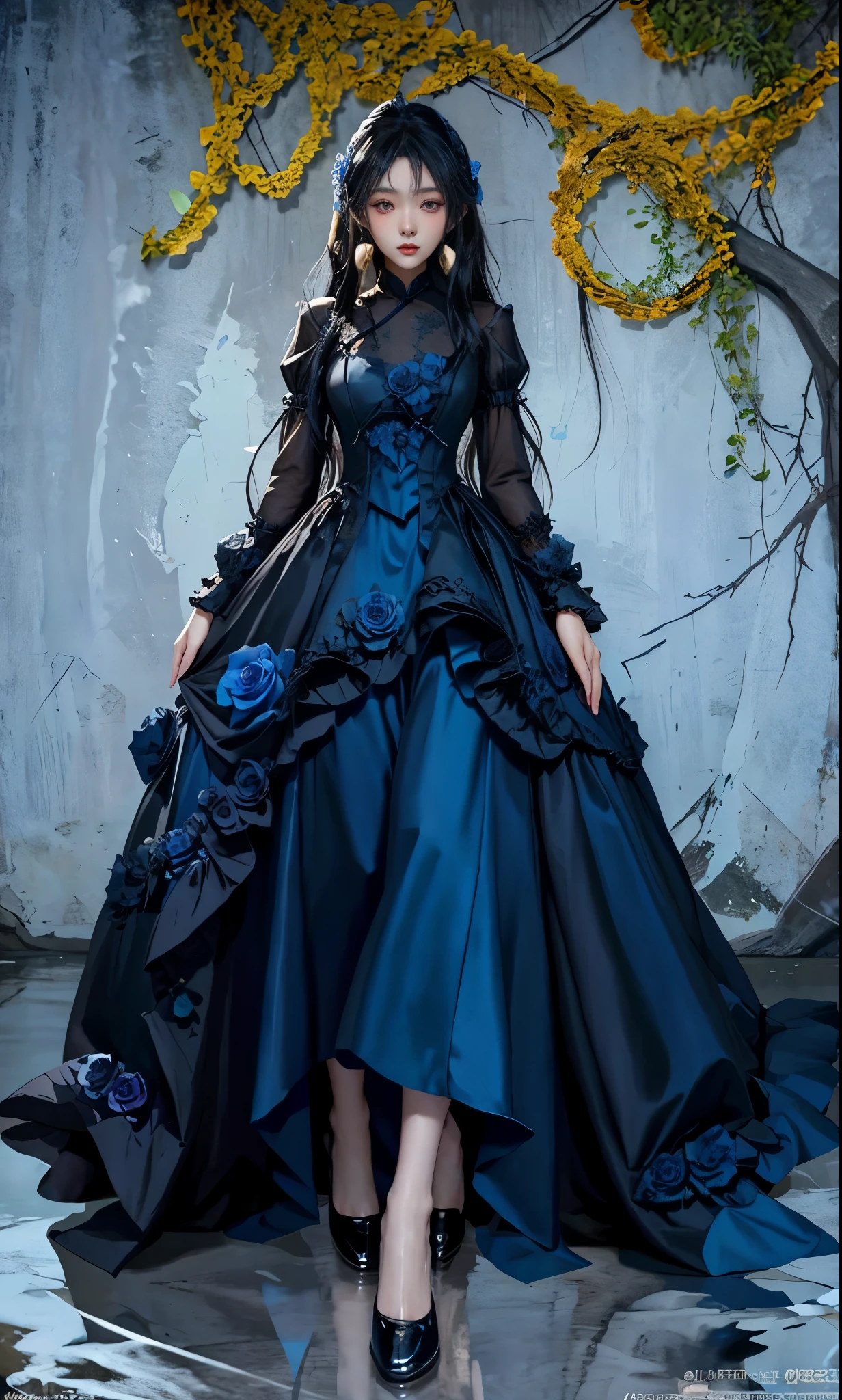 woman in black dress, Cute girl in a beautiful dress, Beautiful full body concept art, Beautiful and charming woman, Woman full body art, guweiz, beautiful woman, Digital art on pixiv, Full body illustration, Kushat Krenz Key Art Women, full body xianxia, Delicate face Gorgeous face Delicate face, Blue Rose Theme , Blue rose petals