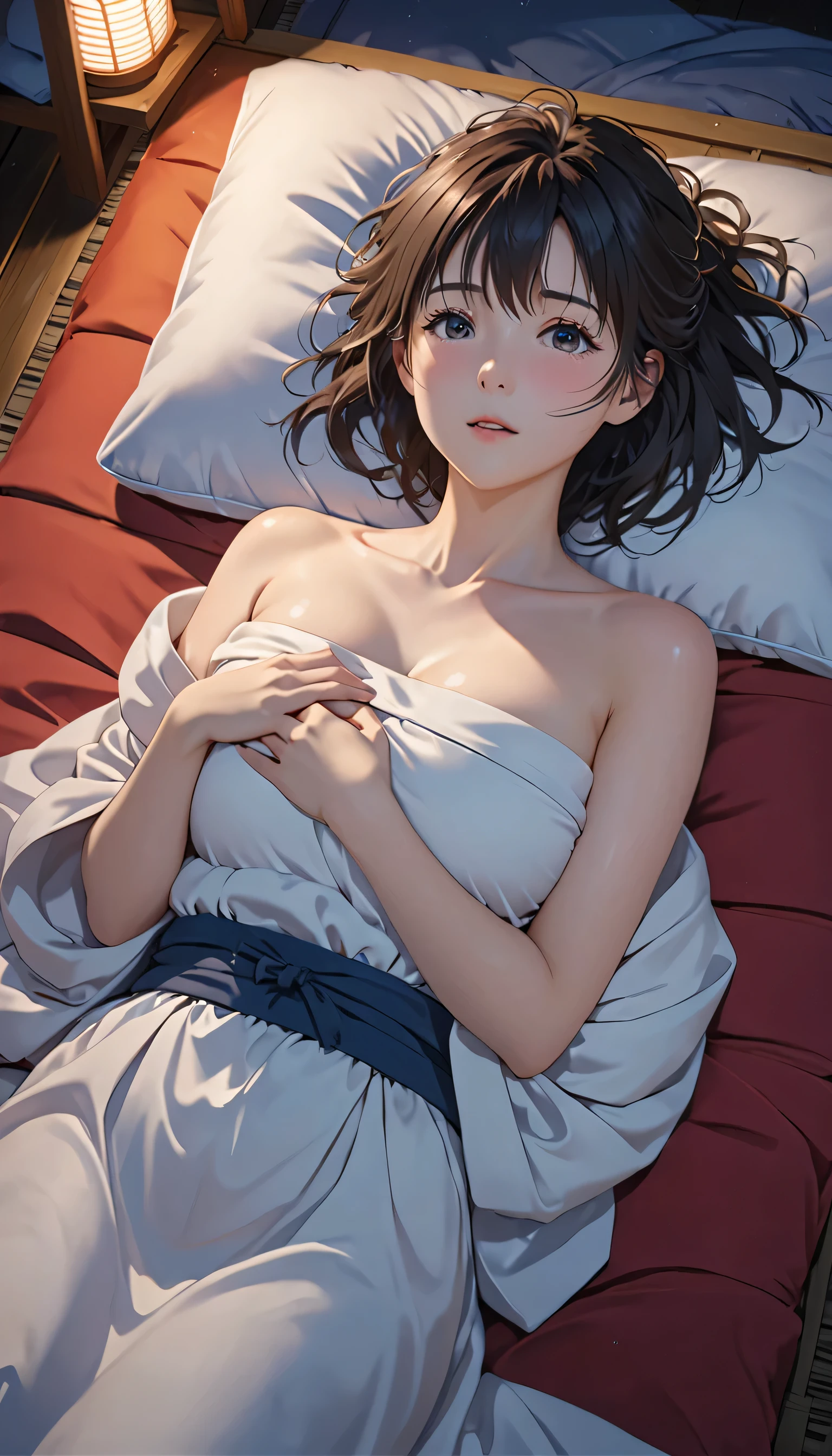 masterpiece, High resolution, figure, Kyoto Animation Style, Your Name Movie Style, night, mid-night, Light, (1girl:1.3), (alone:1.4), Long eyelashes, messy hair, medium hair, futon, Lying down, (covering chest by hand), (((in heat, aroused, wishful))), ideal ratio body proportions, sagging breasts, from above, looking up at viewer, {{{{vulgarity}}}}