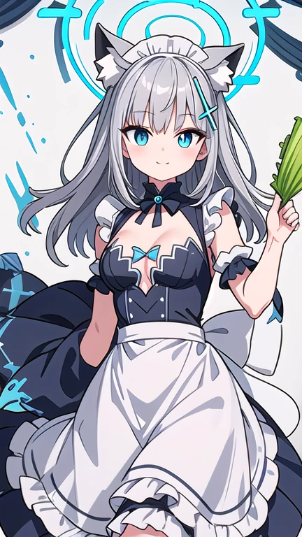 shiroko_bluearchive,beast ears,looking at viewer, little smile,pure white maid dress, maid, slim, dizzy, big-chest, wide hips, perfect waist, day atmosphere, hair ornament,
