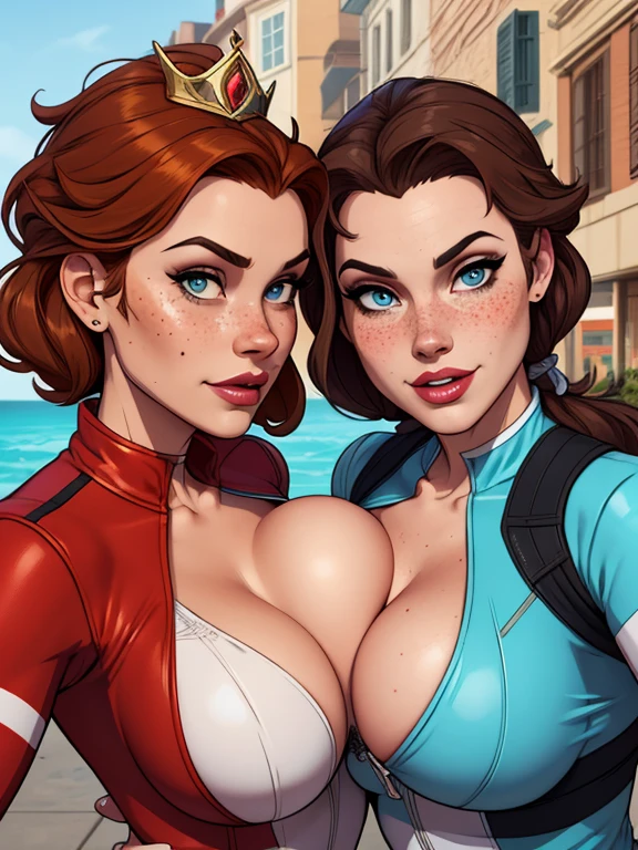 Beautiful GTA style portrait mode pose Cartoon character in dynamic pose two women in biker outfits together with freckles on their faces Disney princess Queen Anna of Arendelle with 1,60cm on the left and along with a symmetrical body and beautiful breasts, corpo bem definido, delicado e sensual, estilo de desenho animado, GTa style digital illustration Portrait mode biker clothes