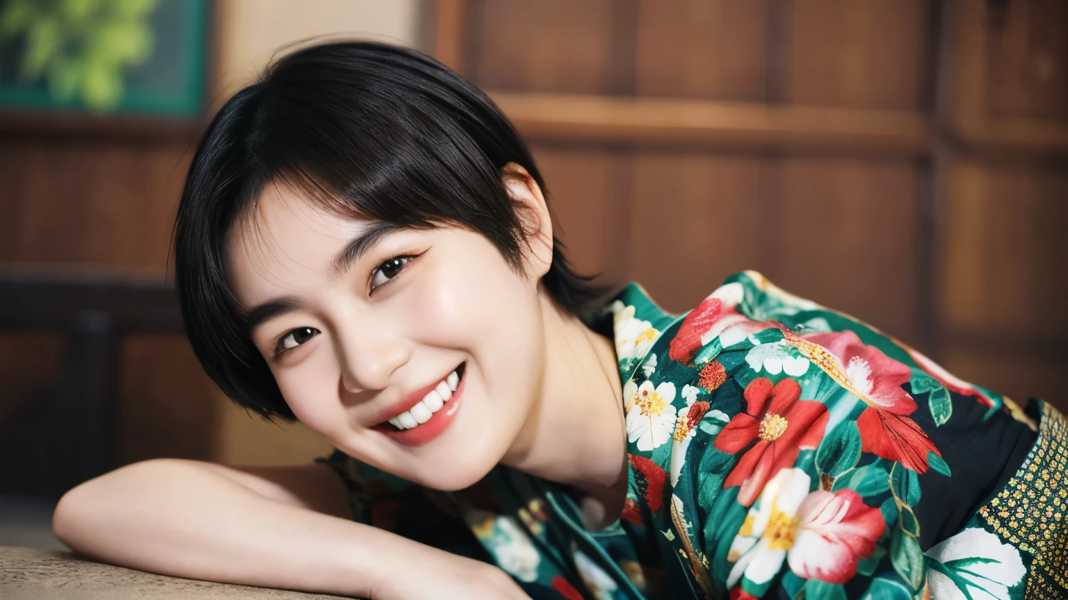 215 Short Hair, 20-year-old woman, A kind smile, Floral