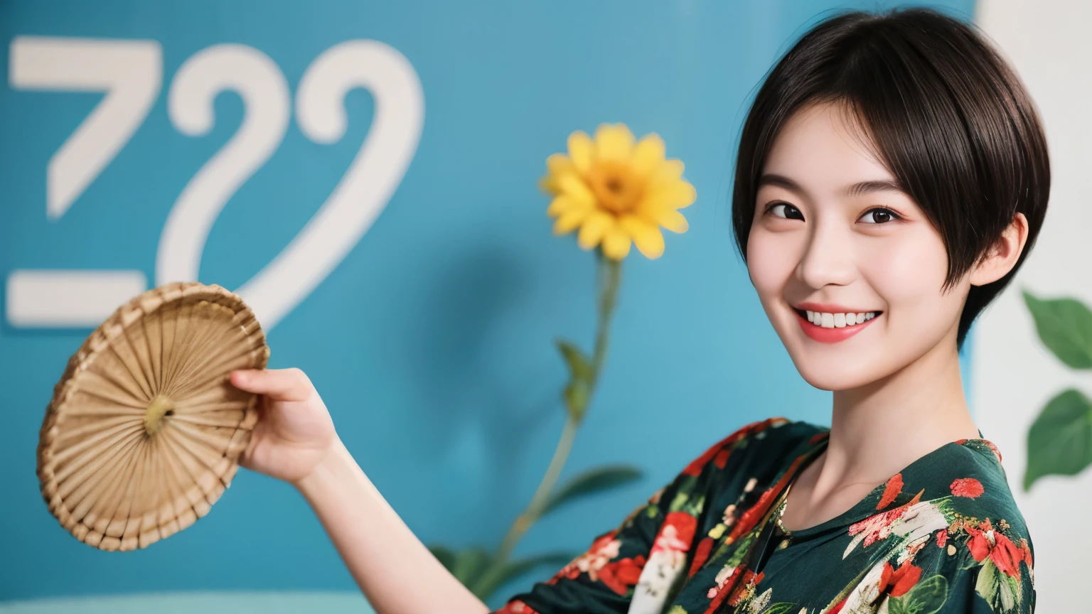 215 Short Hair, 20-year-old woman, A kind smile, Floral