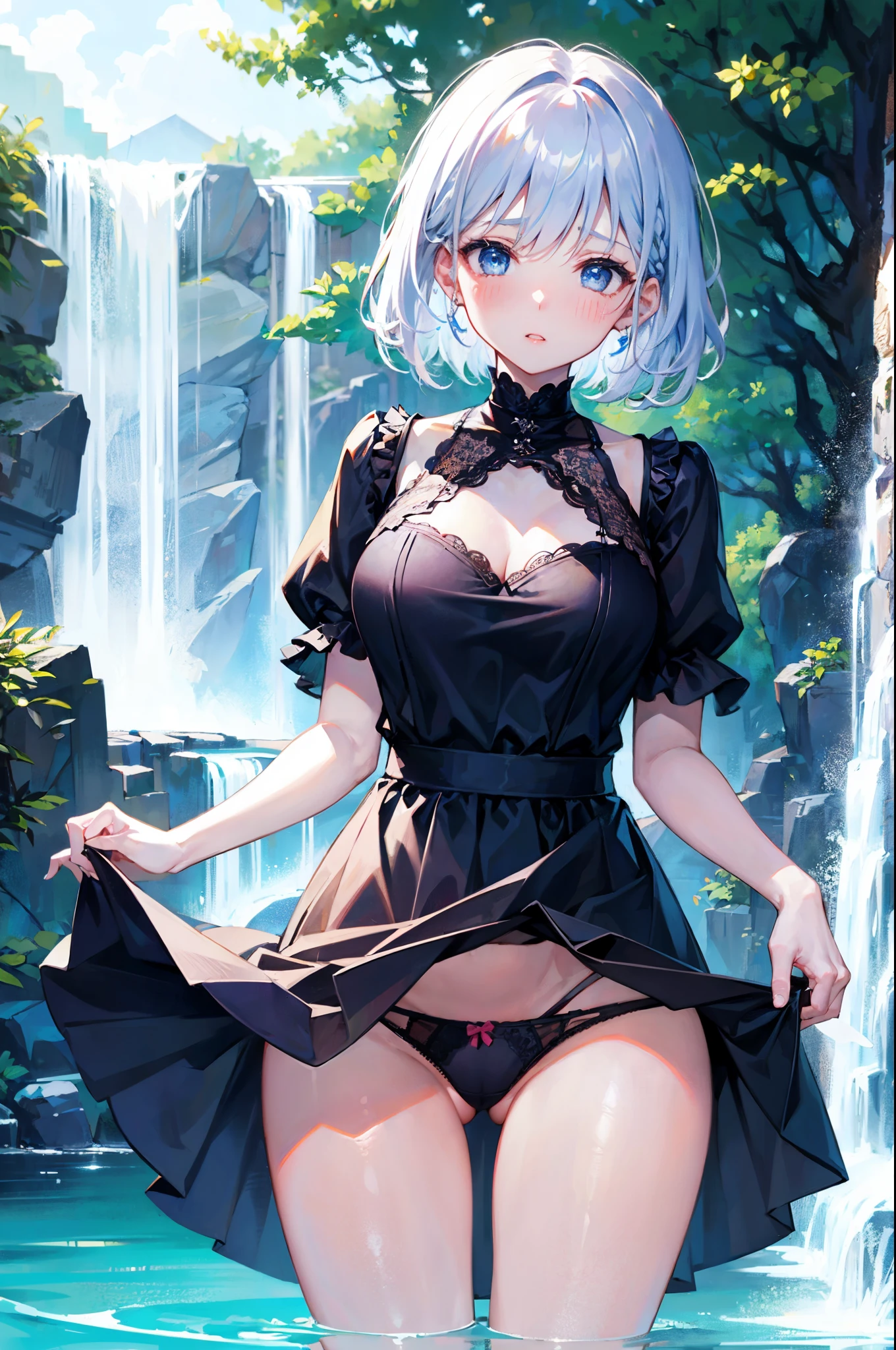 skirt lift、skirt lift、show off panties、Silver hair, very short hair, slanted eyes, medium breasts(C Cup)-Pale blue eyes、8K, highest quality, masterpiece, Ultra-detailed、full lips、、、Blushing、lipstick、Perfect hands、Detailed hand、、full lips、Pale blue eyes、、perfect hands、detailed handsside braid,Random Panties、Showing panties、Blushing、Feeling embarrassed、riverside、clear water、bridge、sundress、waterfall
