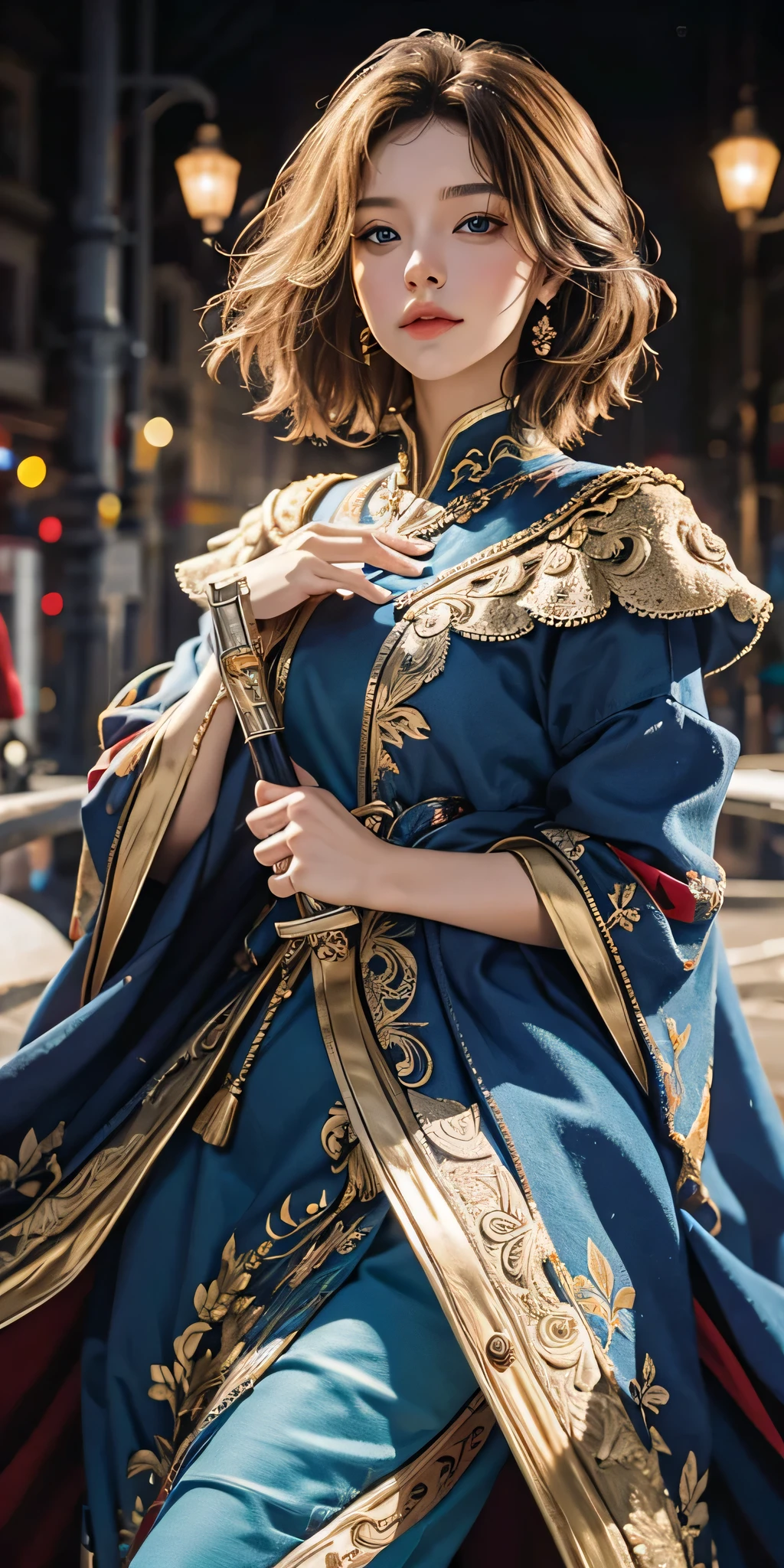 (masterpiece: 1.2, portrait, best quality), realistic, (real picture, complex details, depth of field), best quality, masterpiece, high detail, semi-realistic, 1 girl, shy, 21 years old, short blonde hair, left hairy eyes, Blue eyes, royal clothes, red cape, slim figure