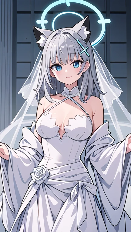 shiroko_bluearchive,beast ears,looking at viewer, little smile,pure white wedding dress, wedding ceremony, slim, dizzy, big-chest, wide hips, perfect waist, day atmosphere, hair ornament, standing, upper body,