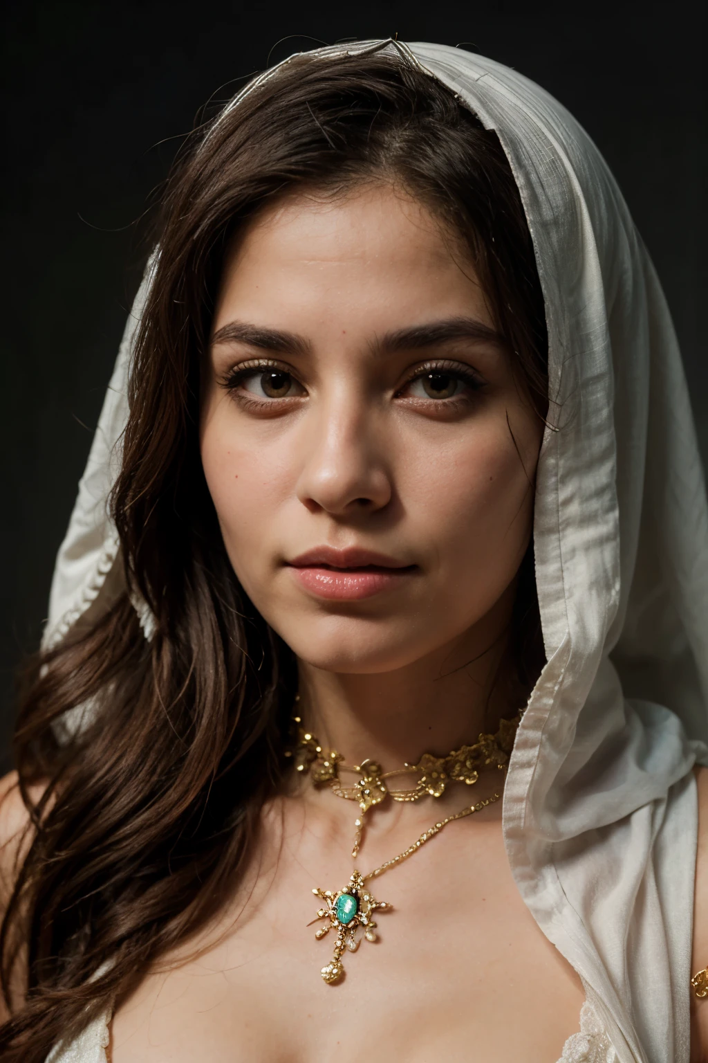 womans portrait with head covering, adorned with simple embellishments or jewelry. typical Semitic features common to the region of Middle East, dark eyes and hair