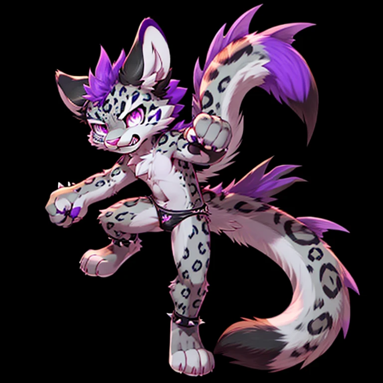 Anthropomorphic male snow leopard, with purple eyes, pink nose, 4 black ears, purple spikes on back, purple horns, with a red third eye, wearing panties, full body view, in a fighting pose, ready to fight, with an angry, black background, digital art, solo, different views, with spiked tail