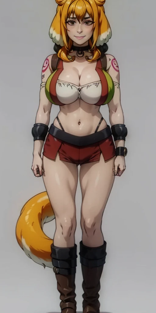Roxanne female full body standing symmetrical lustful smirking smile face (red blush), holding bouquet of flowers, holding both hands, full body toe to head, feet together, high boots, big breast, hands on hips. (red tattoo on belly, white background, long tail, fluffy dog ears), black choker on neck, golden bracers on knees and wristband on arms