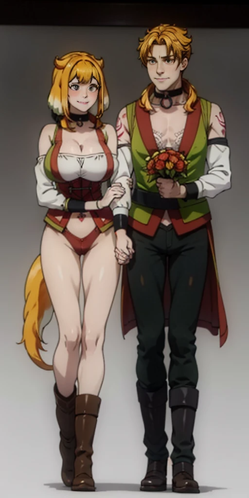 Roxanne female full body standing symmetrical lustful smirking smile face (red blush), holding bouquet of flowers, holding both hands, full body toe to head, feet together, high boots, big breast, hands on hips. (red tattoo on belly, white background, long tail, fluffy dog ears), black choker on neck, golden bracers on knees and wristband on arms
