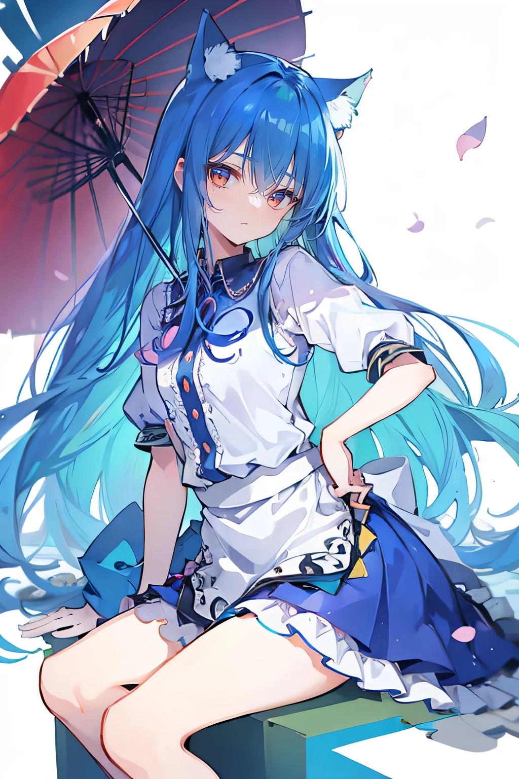 (masterpiece:1.2),ultra-detailed,realistic,expressive eyes,fair-skinned,perfectly shaped face,1girl,
Japanese cartoons,Gorgeous blue hair, flowing blue hair,floating clothes,cat ears,petals falling,beautiful Lola,Hina Angel,
hands on waist,gracefully sitting on the ground,legs crossed,gentle and serene background,cool and comfortable pavilion,shy face ,night .