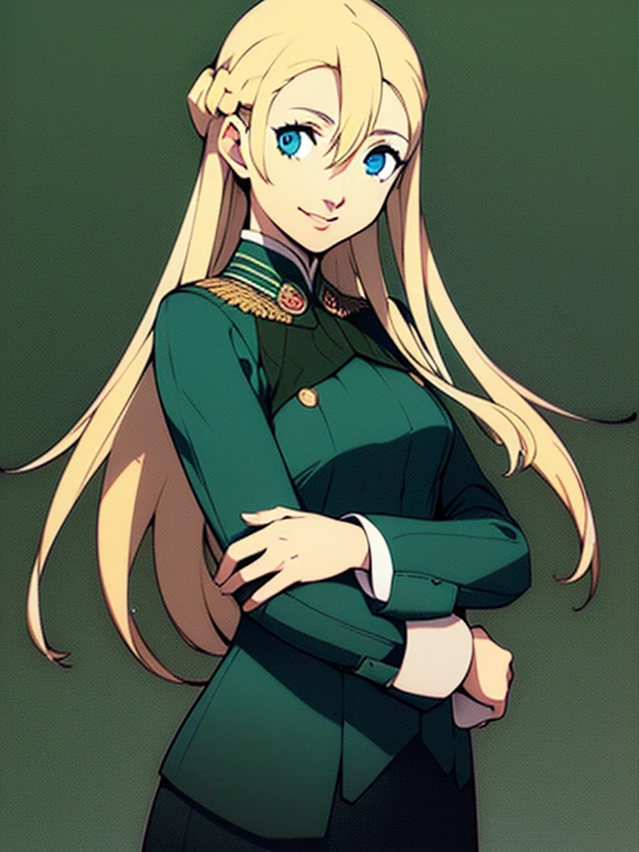 masterpiece、highest quality、High resolution、Very detailed、Medium wide shot、Cowboy Shot、Mature Woman、(mint, blue eyes, braid,、Long blonde、Hair between the eyes)、Smiling、green uniform, long sleeves、Lip sweater、