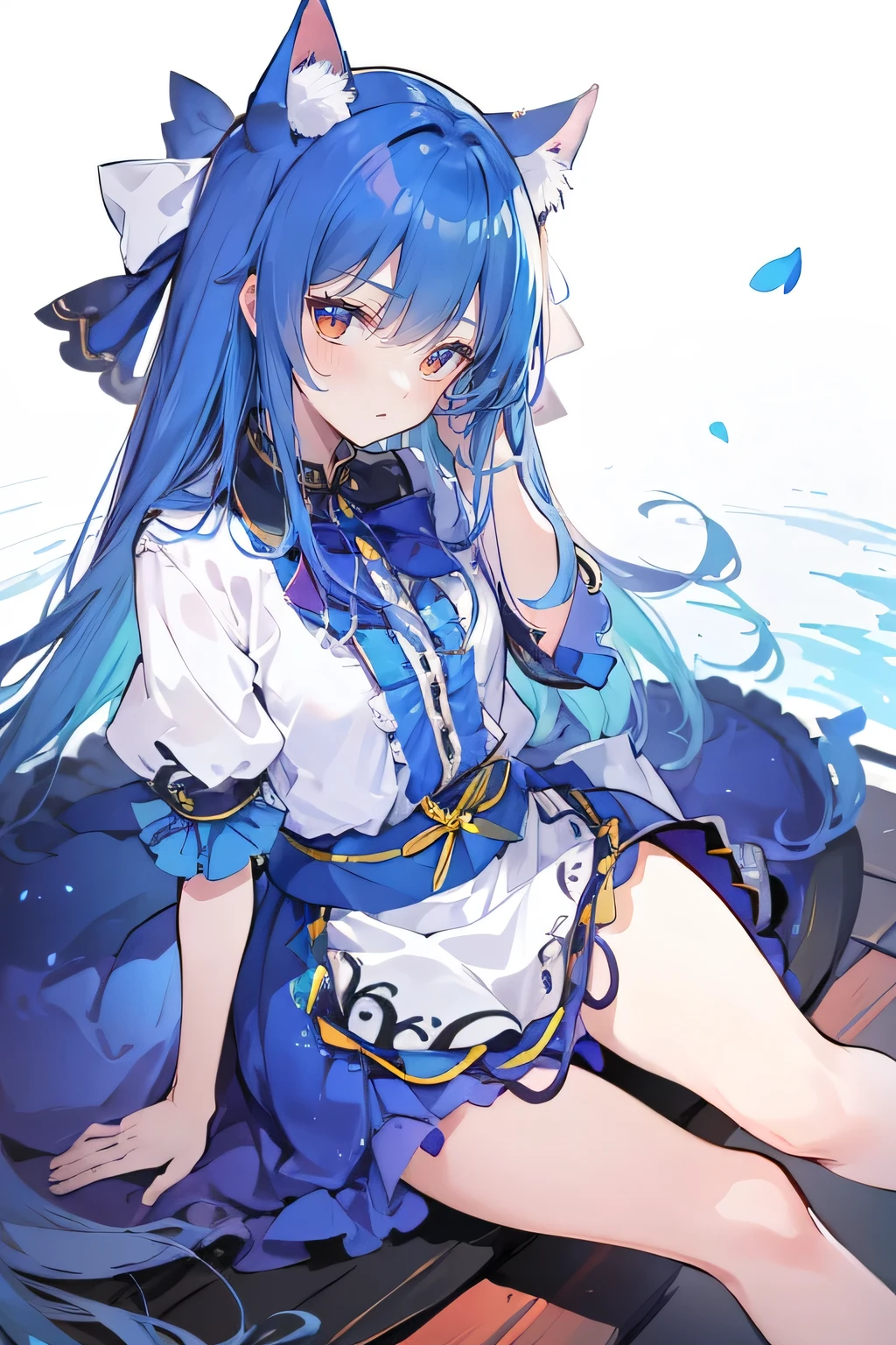 (masterpiece:1.2),ultra-detailed,realistic,expressive eyes,fair-skinned,perfectly shaped face,1girl,
Japanese cartoons,Gorgeous blue hair, flowing blue hair,floating clothes,cat ears,petals falling,beautiful Lola,Hina Angel,
hands on waist,gracefully sitting on the ground,legs crossed,gentle and serene background,cool and comfortable pavilion,shy face ,night .