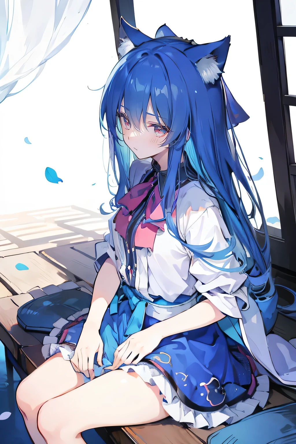 (masterpiece:1.2),ultra-detailed,realistic,expressive eyes,fair-skinned,perfectly shaped face,1girl,
Japanese cartoons,Gorgeous blue hair, flowing blue hair,floating clothes,cat ears,petals falling,beautiful Lola,Hina Angel,
hands on waist,gracefully sitting on the ground,legs crossed,gentle and serene background,cool and comfortable pavilion,shy face ,night .