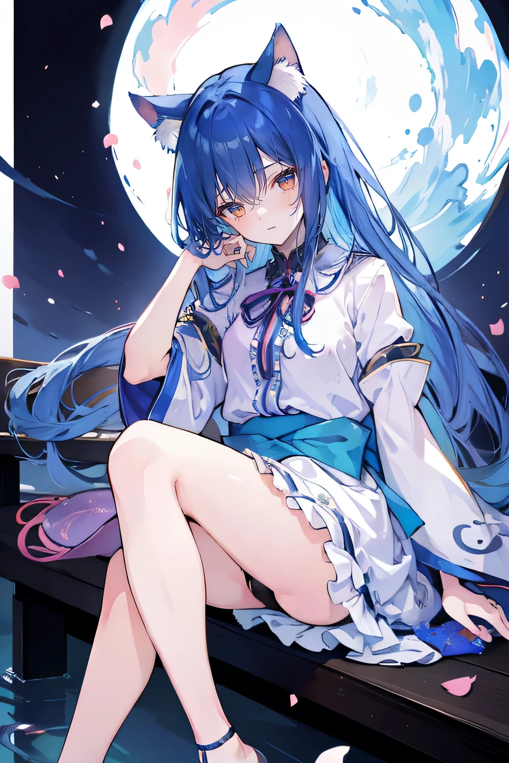 (masterpiece:1.2),ultra-detailed,realistic,expressive eyes,fair-skinned,perfectly shaped face,1girl,
Japanese cartoons,Gorgeous blue hair, flowing blue hair,floating clothes,cat ears,petals falling,beautiful Lola,Hina Angel,
hands on waist,gracefully sitting on the ground,legs crossed,gentle and serene background,cool and comfortable pavilion,shy face ,night .