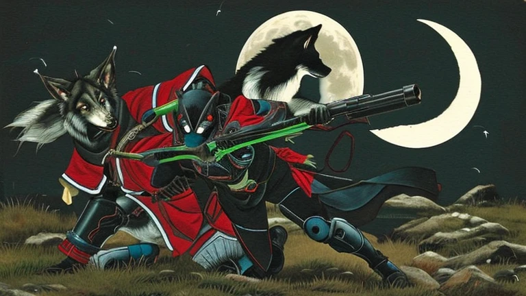 Japanese style painting,Crescent Moon Night,Two wolves in armor,Red and dark green drops falling on the ground,Holding a gun,bullet