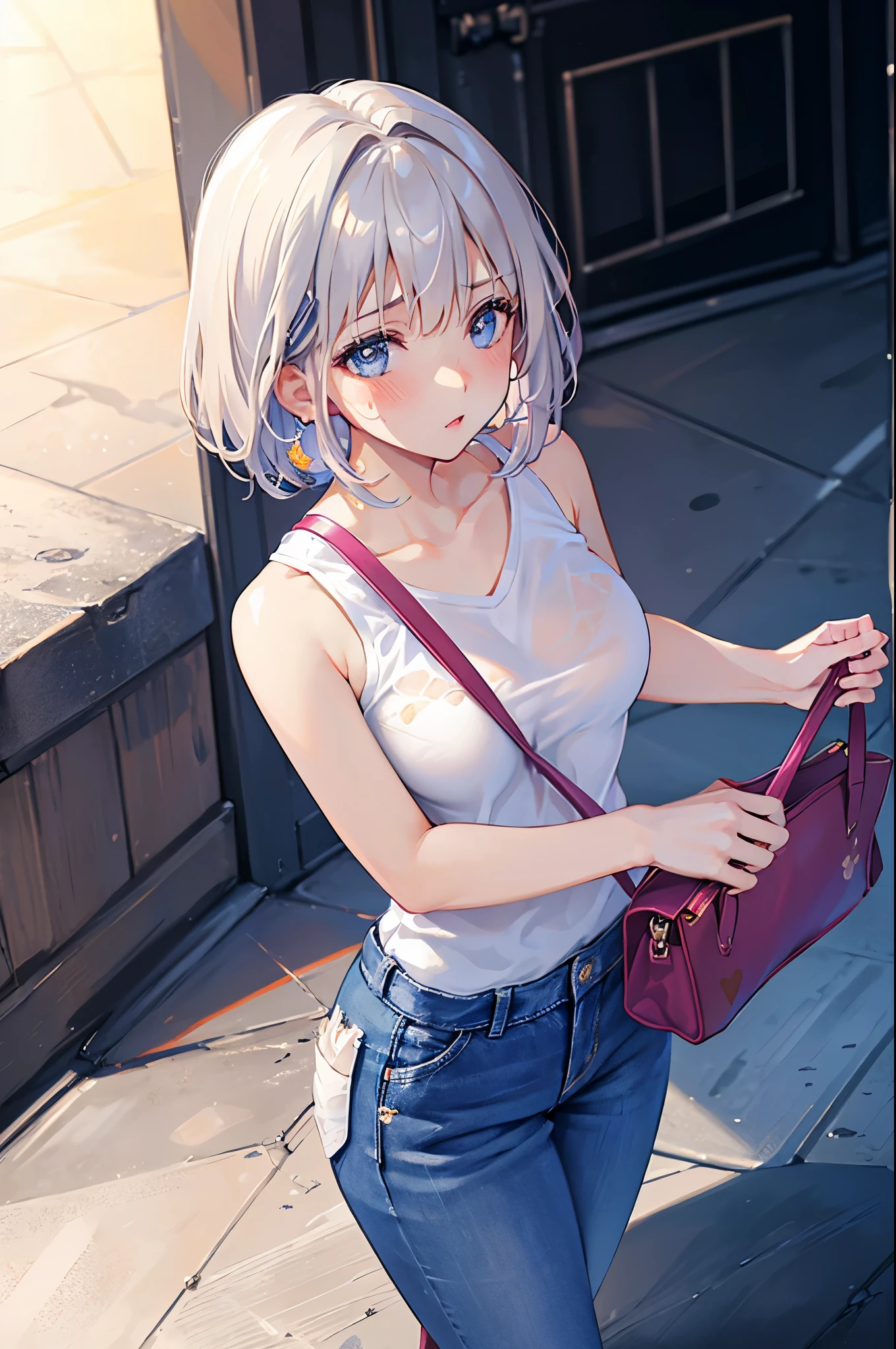 (1girl solo:1.2), cowboy shot (dutch angle from above:1.2), looking at viewer, pov,shoulder bag strap between breasts paisura,Silver hair, very short hair, slanted eyes, medium breasts(C Cup)-
(walking on stairs:1.2) in train station platform, railing, white t-shirt, jeans, shoulder bag strap between breasts paisura, Silver hair, very short hair, slanted eyes, medium breasts(C Cup)-Pale blue eyes、8K, highest quality, masterpiece, Ultra-detailed、full lips、、、Blushing、lipstick、Perfect hands、Detailed hand, loose clothes, blush, sweatdrop, pumps, 8K, highest quality, masterpiece, super detailed、、blush、lipstick、medium breasts、perfect hands、detailed hands,shoulder bag strap between breasts paisura、shoulder bag strap between breasts paisura