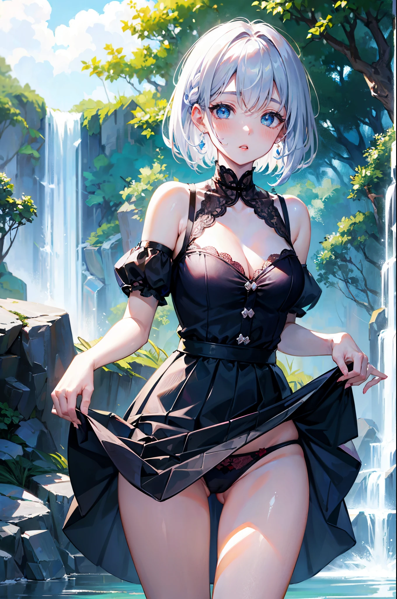 skirt lift、skirt lift、show off panties、Silver hair, very short hair, slanted eyes, medium breasts（C Cup)-Pale blue eyes、８K, highest quality, masterpiece, Ultra-detailed、full lips、、、Blushing、lipstick、Perfect hands、Detailed hand、、full lips、Pale blue eyes、、perfect hands、detailed handsside braid,Random Panties、Showing panties、Blushing、Feeling embarrassed、riverside、clear water、bridge、sundress、waterfall