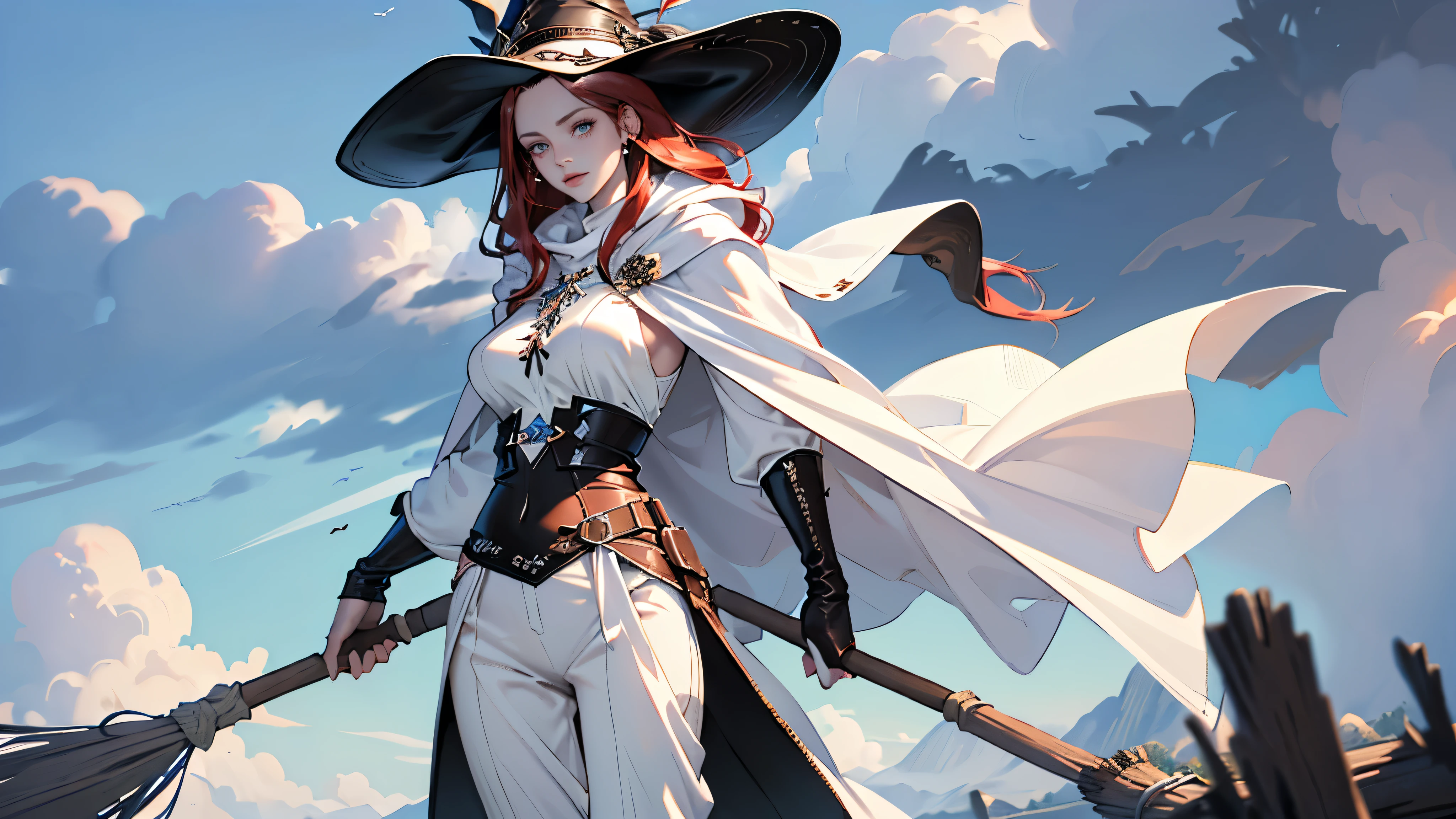 masterpiece, super detailed, 8K portrait, RAW photo, portrait photography, highly detailed face, beautiful and detailed eyes, ((fantasy)), young and beautiful, dynamic pose, (((long dark red straight hair))), ((witch)), white skin color, luxury, crystal necklace, (((Cloudy white silk long cloak))) fluttering in the wind, (((long one-piece tunic))), (((cropped pants)), (((leather boots))), ((fly in the sky on a magic broom)), midday sun, surreal, body model, big breasts, beautiful breasts, long legs, In the sky, environmental lighting, shadow details , Focus the camera on the thigh, strong wind, light fog