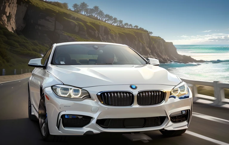 a white BMW car driving down a road next to the ocean, BMW, High Rendering, High contrast hyperrealism 8k, car photography, Go in a hurry, car, High quality rendering, Automotive commercial photography, BMW and mercedes concept cars, Movie Stills, realistic cars, Ray Tracing 8K, ray tracing 8 k, business banner, apple cart, Vehicle Photography