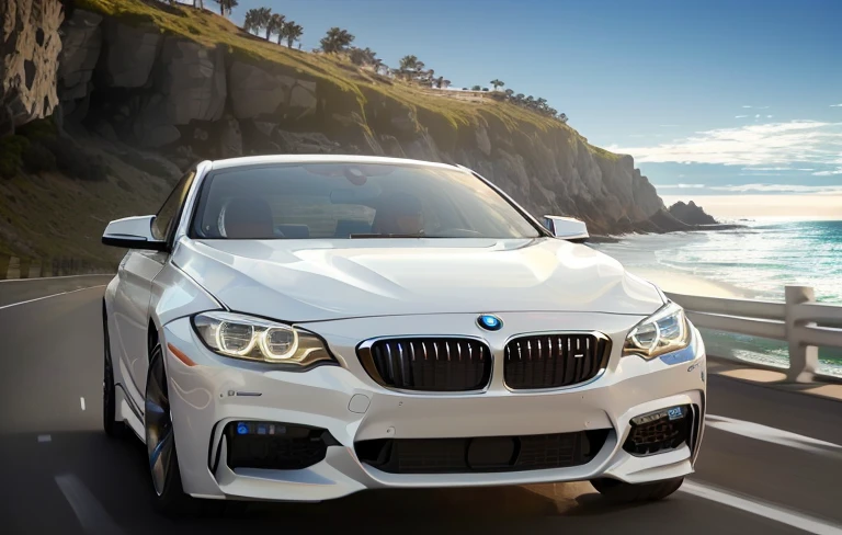 a white BMW car driving down a road next to the ocean, BMW, High Rendering, High contrast hyperrealism 8k, car photography, Go in a hurry, car, High quality rendering, Automotive commercial photography, BMW and mercedes concept cars, Movie Stills, realistic cars, Ray Tracing 8K, ray tracing 8 k, business banner, apple cart, Vehicle Photography