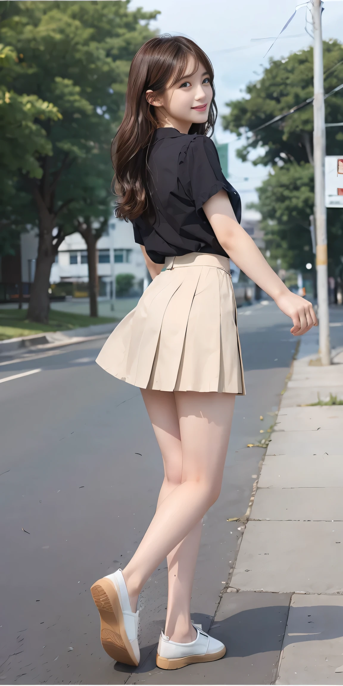 highest quality、Best image quality、masterpiece、Full-body photo、18-year-old female, high school girl、White short sleeve collared shirt、Check skirt、loafers、Dark brown hair、Wavy Hair、Mid-Long Hair、Bans、Puffy nippleedium Milk, Cute Smile、(((The strong wind flipped my skirt up、I can see all the pants、Accentuate your butt、looked back)))、(Emphasize the chest)、Sexy Hips、Picture below、Pink Panties、Full-body photo